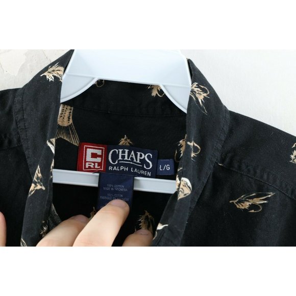 Vintage 90s Chaps Ralph Lauren Mens Large Fish All Over Print Button Shirt Black - Picture 4 of 9